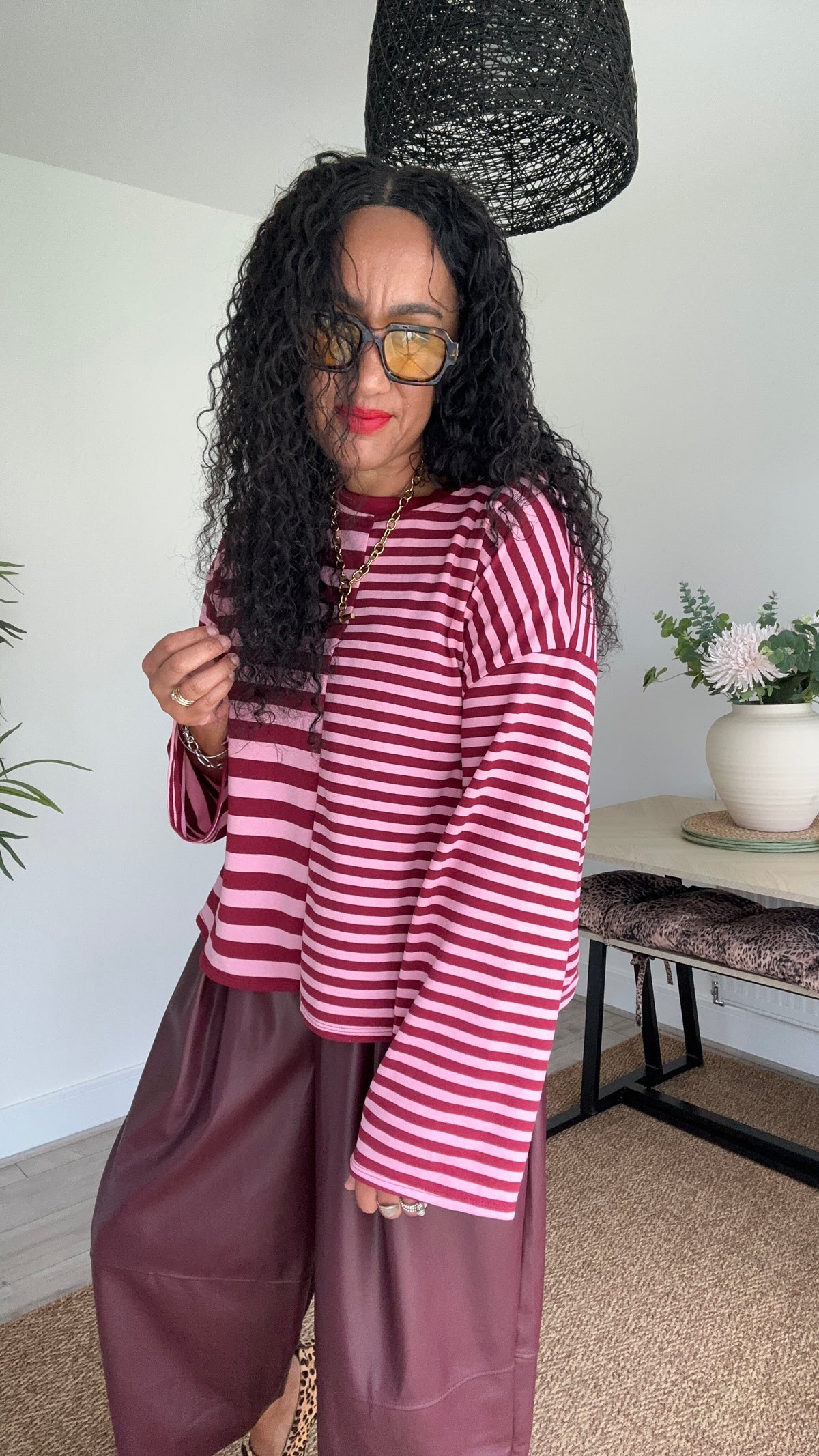 IXA STRIPE COTTON TOP BURGUNDY & PINK *New
