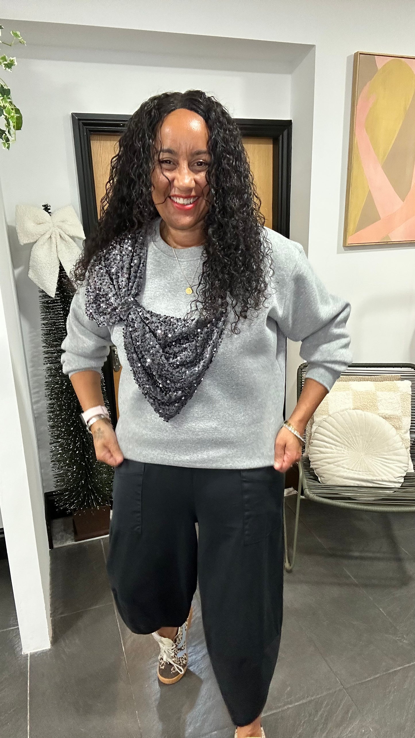 SALE TILLY SEQUIN BOW SWEATER GREY