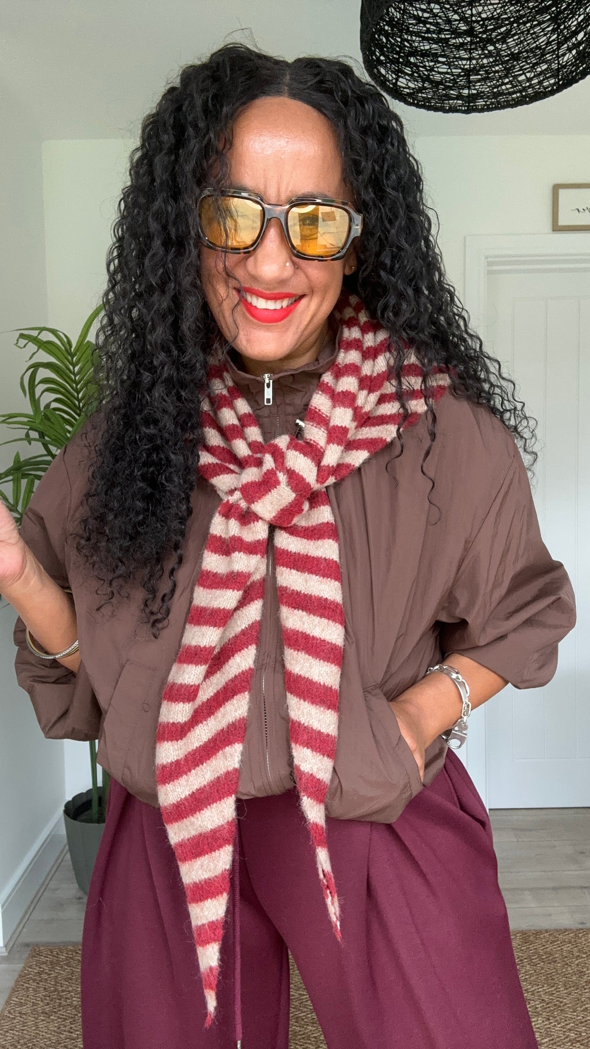 TRIANGLE STRIPE SCARF RED & BROWN *New