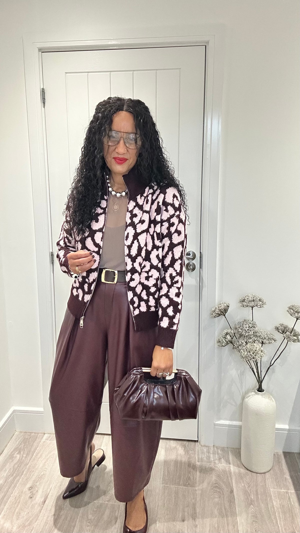 CIA LEOPARD CARDIGAN BURGUNDY & PINK *New
