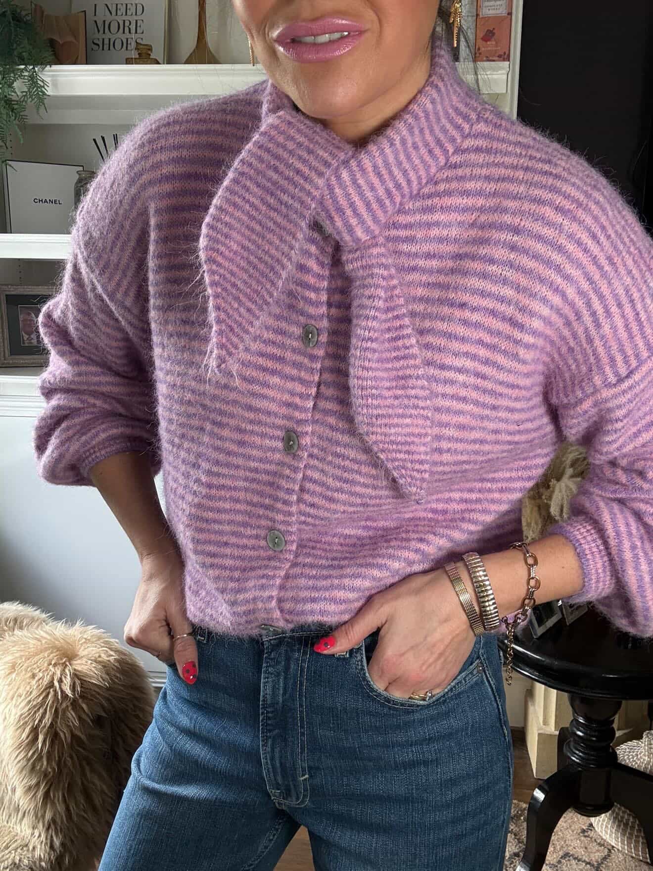 ISOBELLE CARDI WITH BUILT IN SCARF LILAC & PINK *New