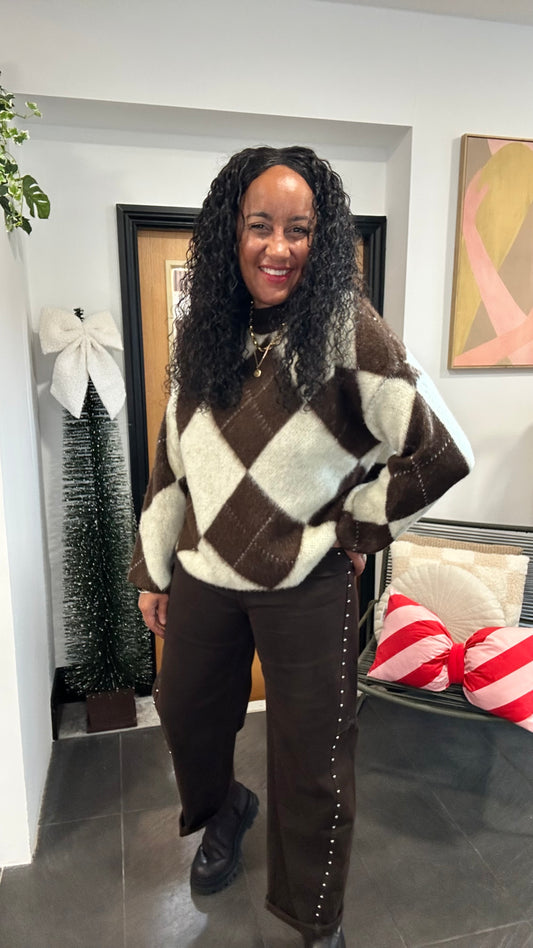 VOUGE ARGYLE DIAMOND JUMPER LEMON & BROWN *New