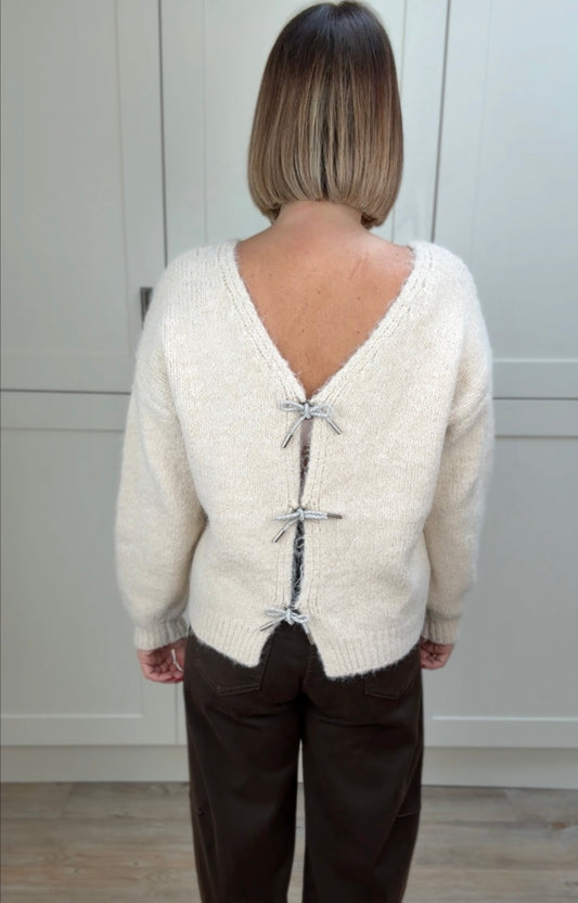 DIAMANTE BOW V-NECK KNIT JUMPER BEIGE MELANGE *New