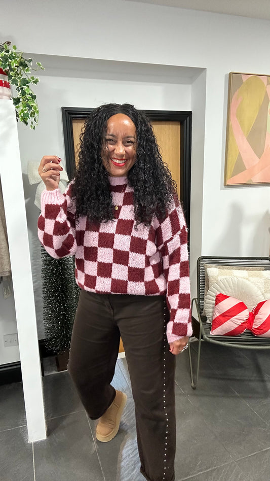 CHECKERBOARD KNIT SKY CHERRY RED & PINK *New