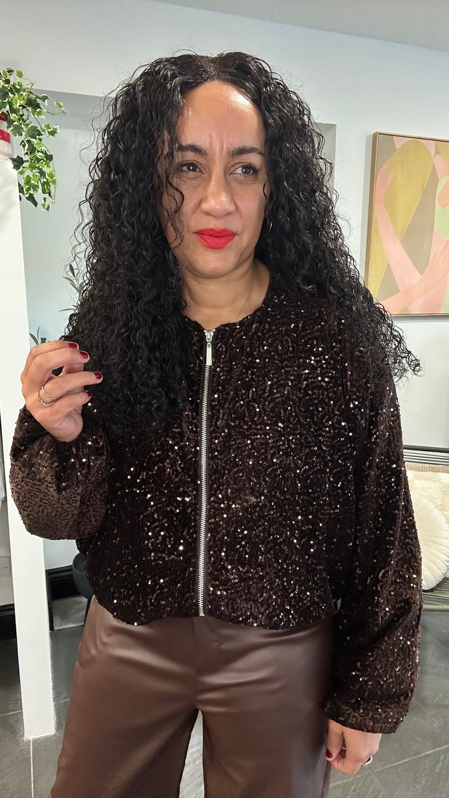 ARIANA SEQUIN BOMBER JACKET DEEP BROWN *New