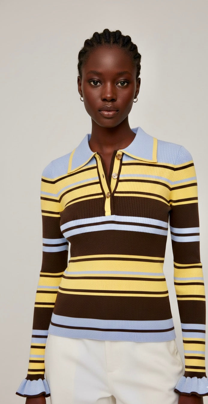 STRIPED RIBBED TOP YELLOW BLUE DEEP BROWN *New