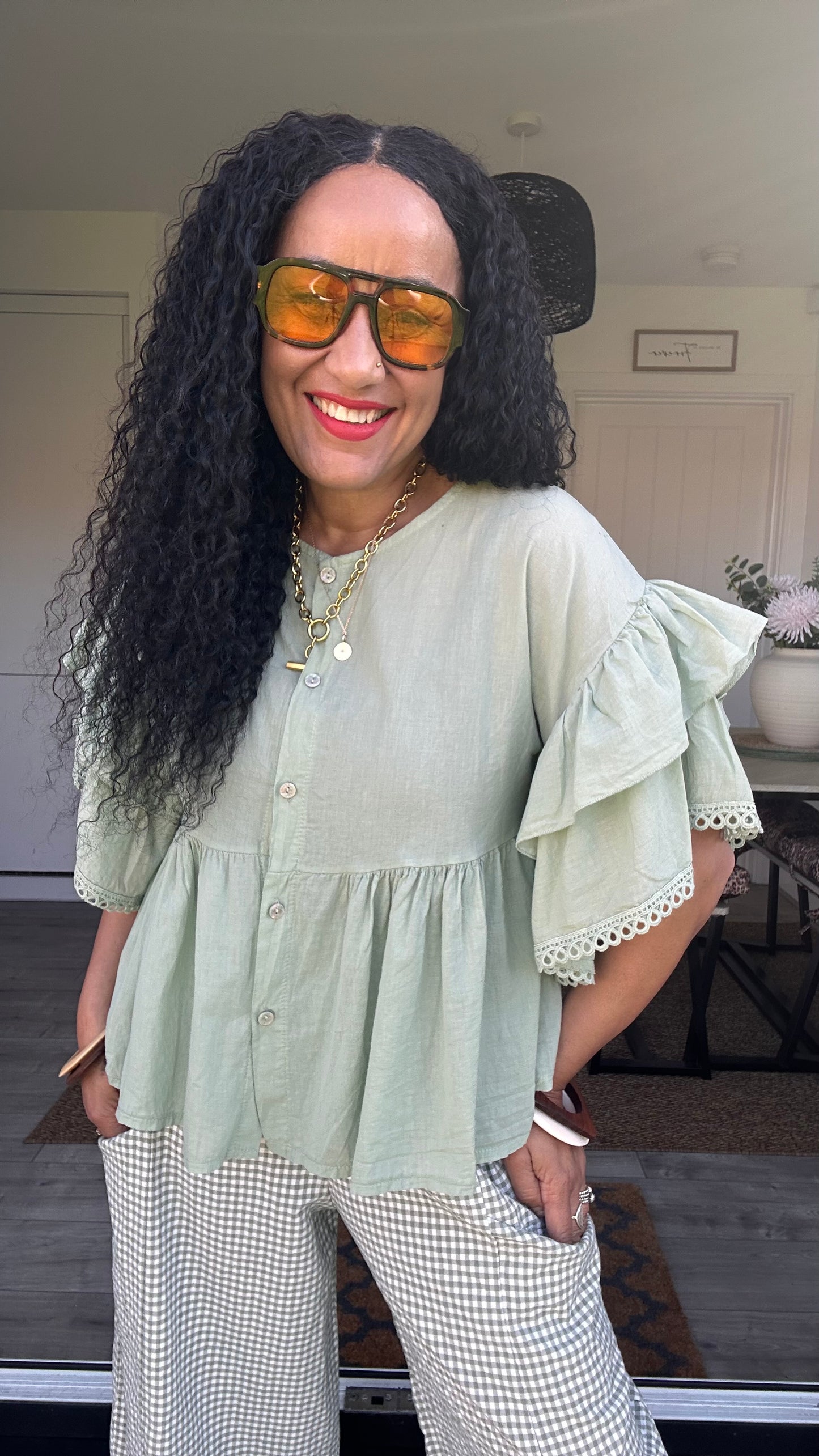 TAMSIN FRILL SLEEVED BLOUSE SAGE GREEN *New
