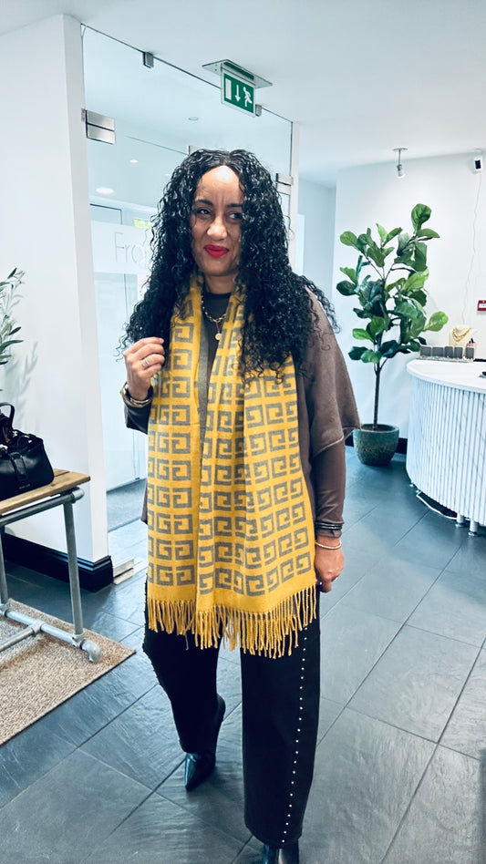 GEOMETRIC REVERSIBLE SCARF MUSTARD & GREY *New