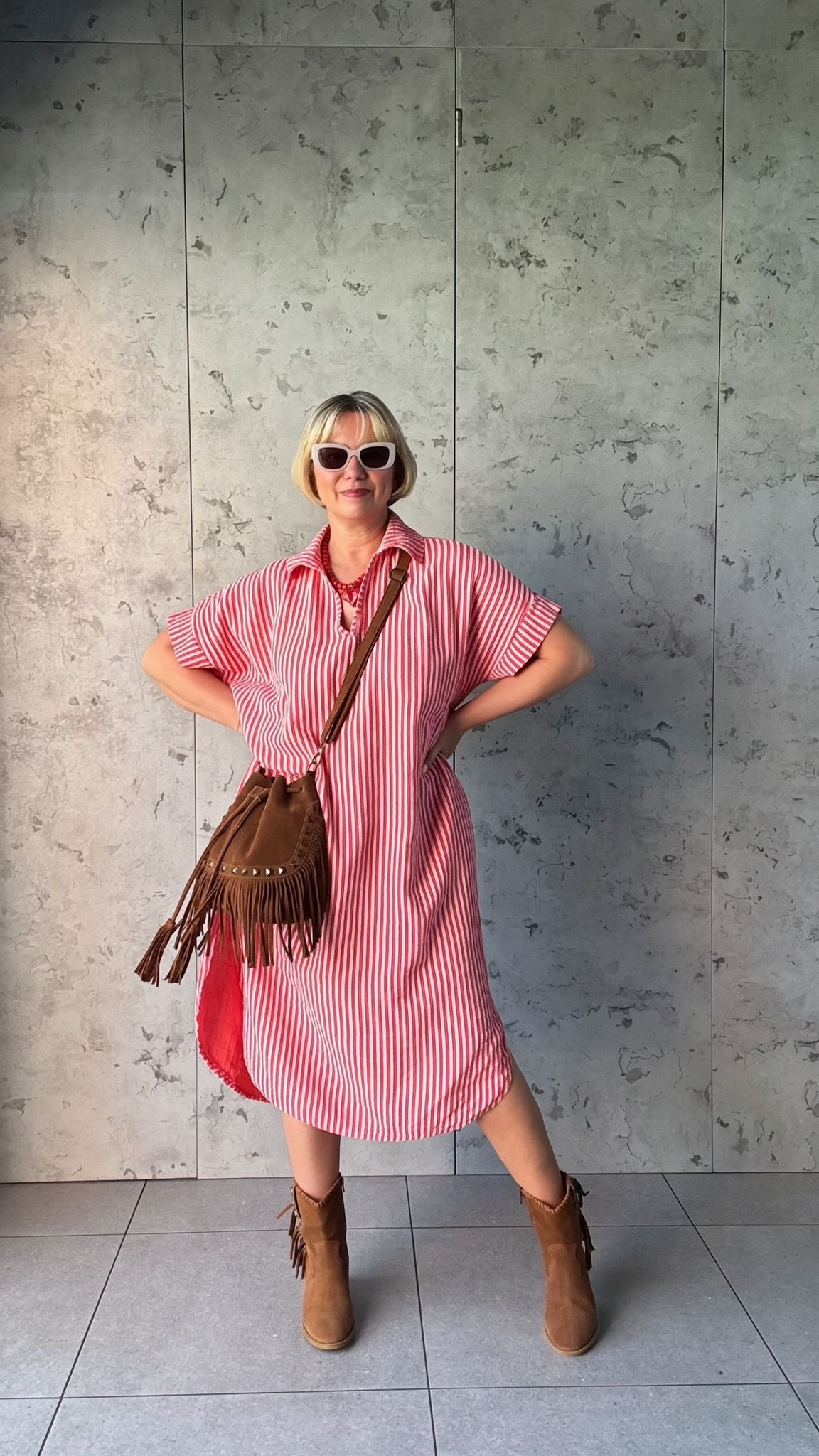 SALE TAYO STRIPED TUNIC SHIRT DRESS PINK