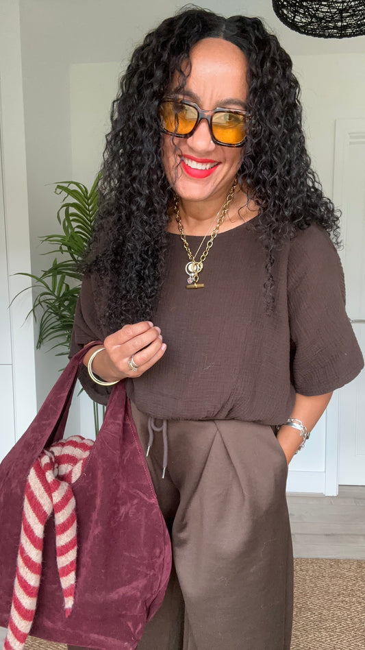 OJAY BUBBLE HEM CHEESECLOTH TOP BROWN BUY 1, GET 1 HALF PRICE 💗 CODE OJAY50