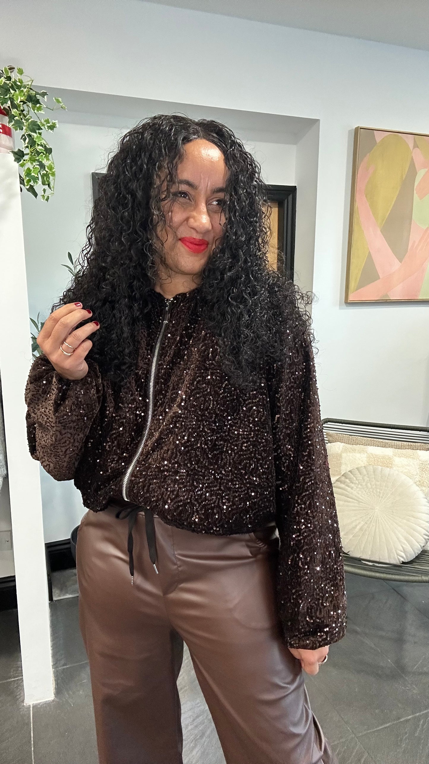 ARIANA SEQUIN BOMBER JACKET DEEP BROWN *New