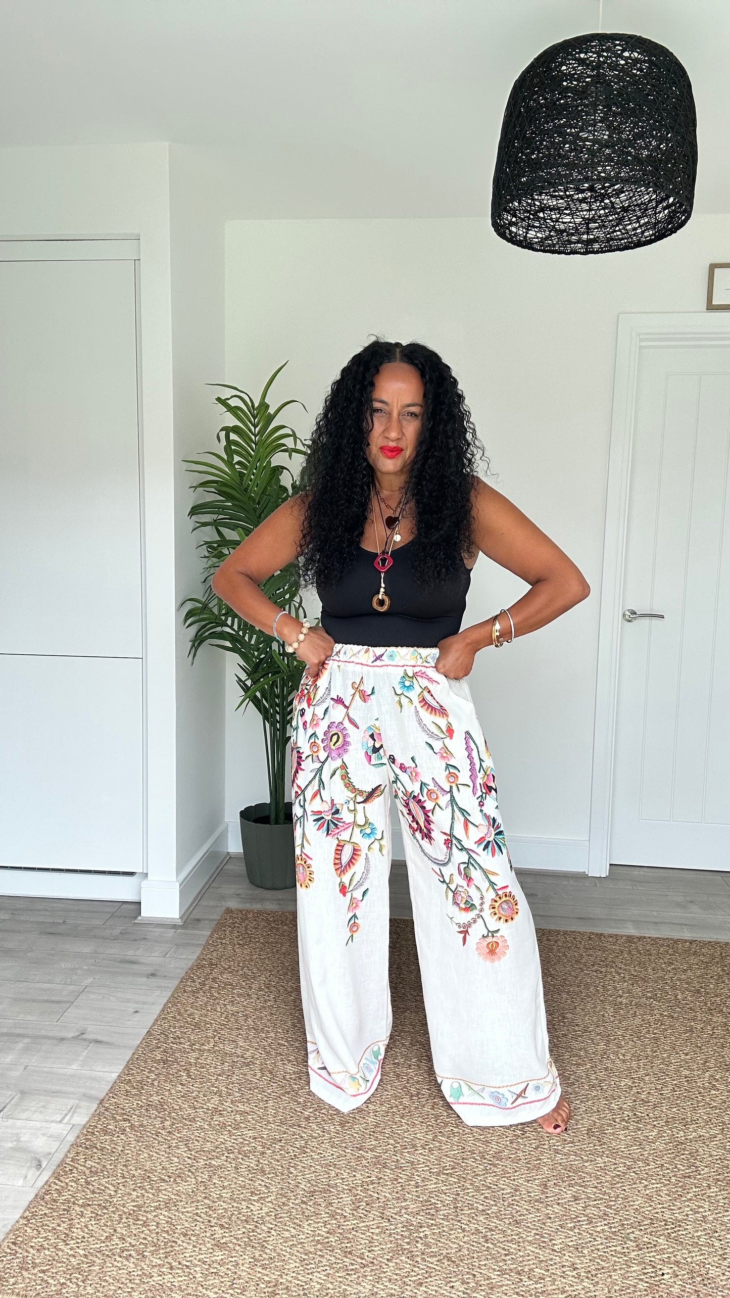 CLEO EMBROIDERED BOHO WIDE LEG TROUSERS BEIGE *New