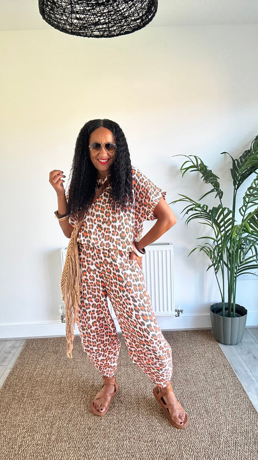 FRUITELLA LUXE LEOPARD BARREL LEG TROUSERS ORANGE & BROWN LEOPARD *New