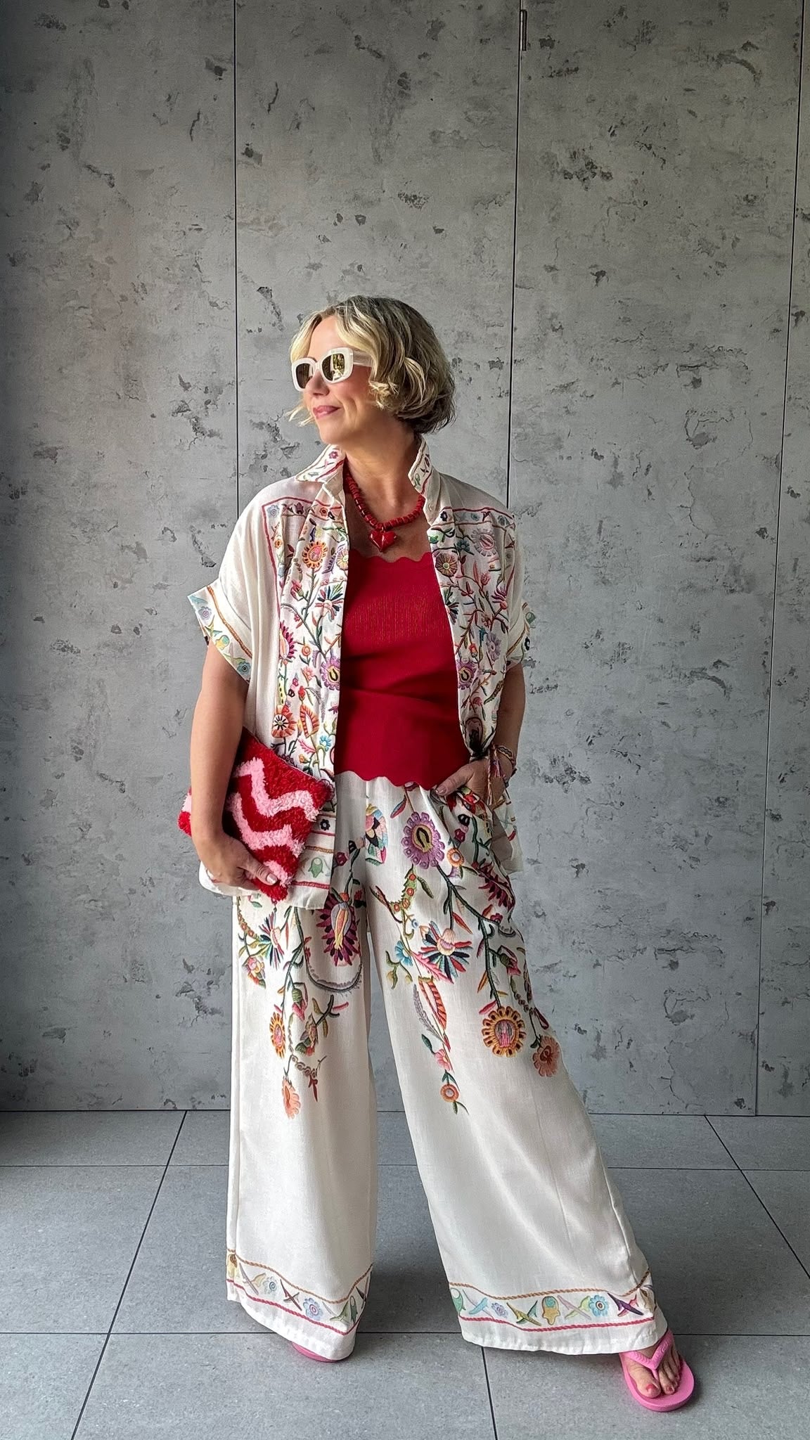 CLEO LASER FLORAL EMBROIDERED BOHO WIDE LEG TROUSERS BEIGE *New