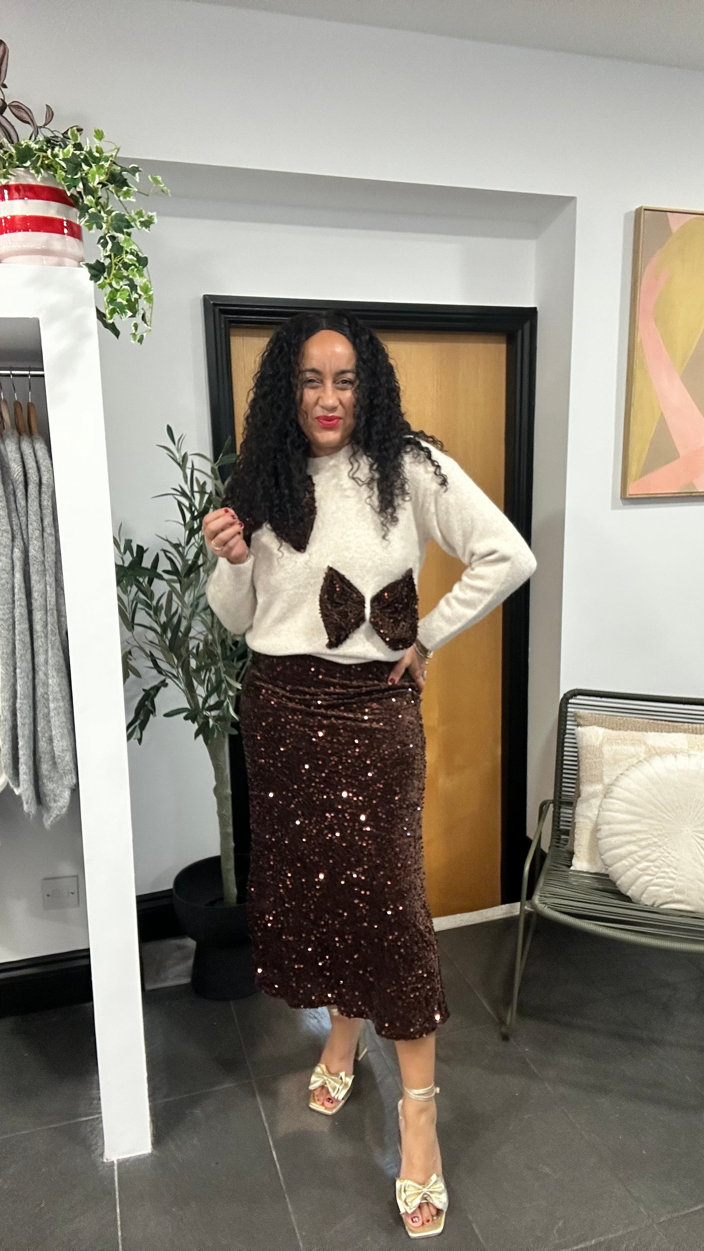 SARA VELVET SEQUIN MIDI SKIRT DEEP BROWN *New