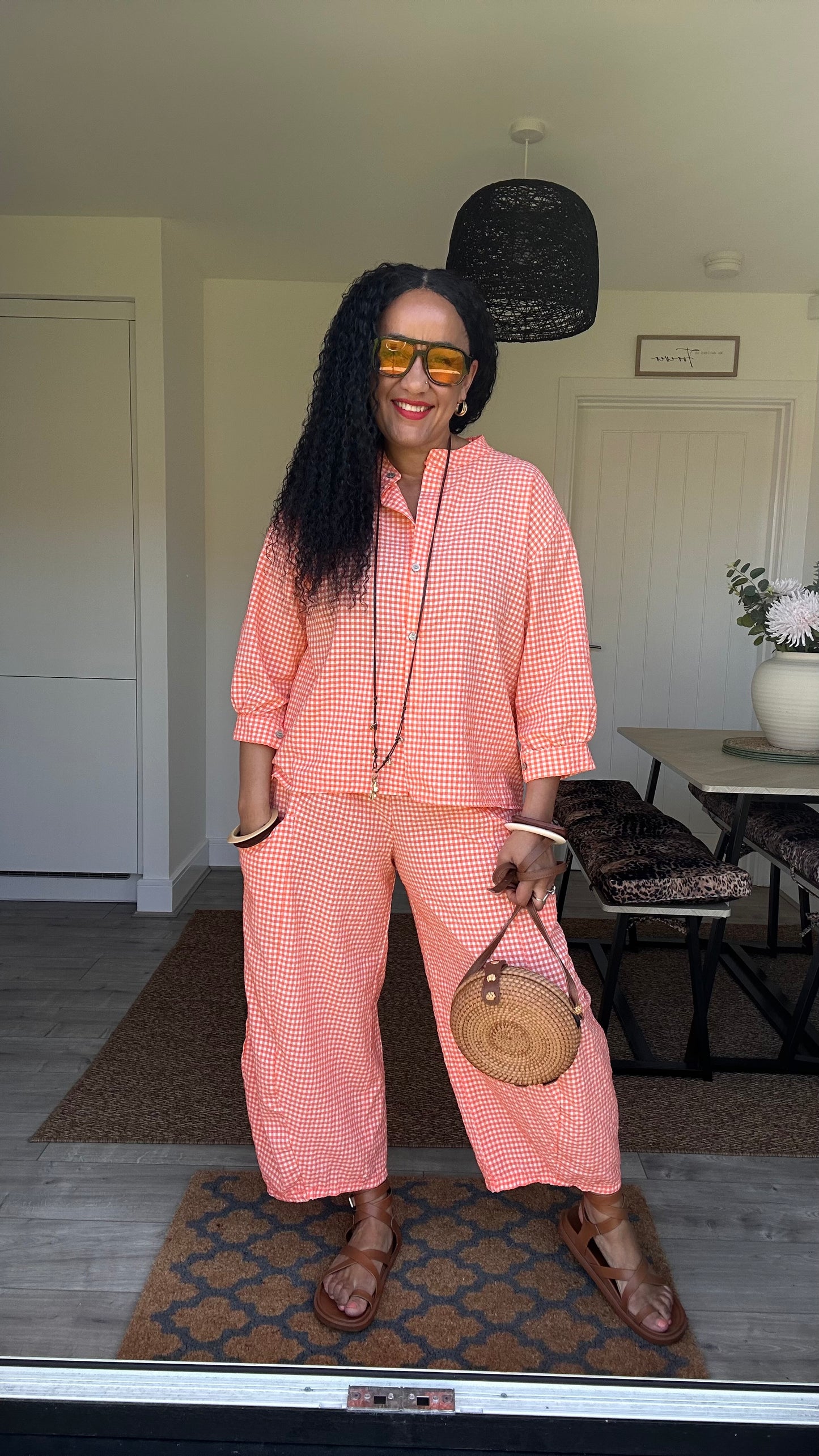 AVA GINGHAM BARREL LEG TROUSERS ORANGE *New