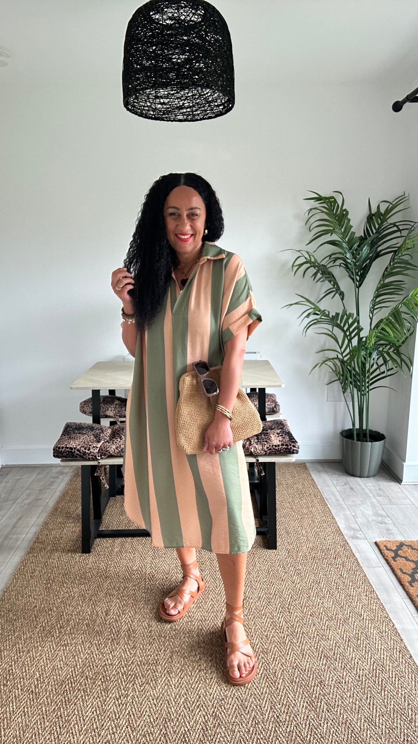 TAYO STRIPED TUNIC DRESS KHAKI & CAMEL *New