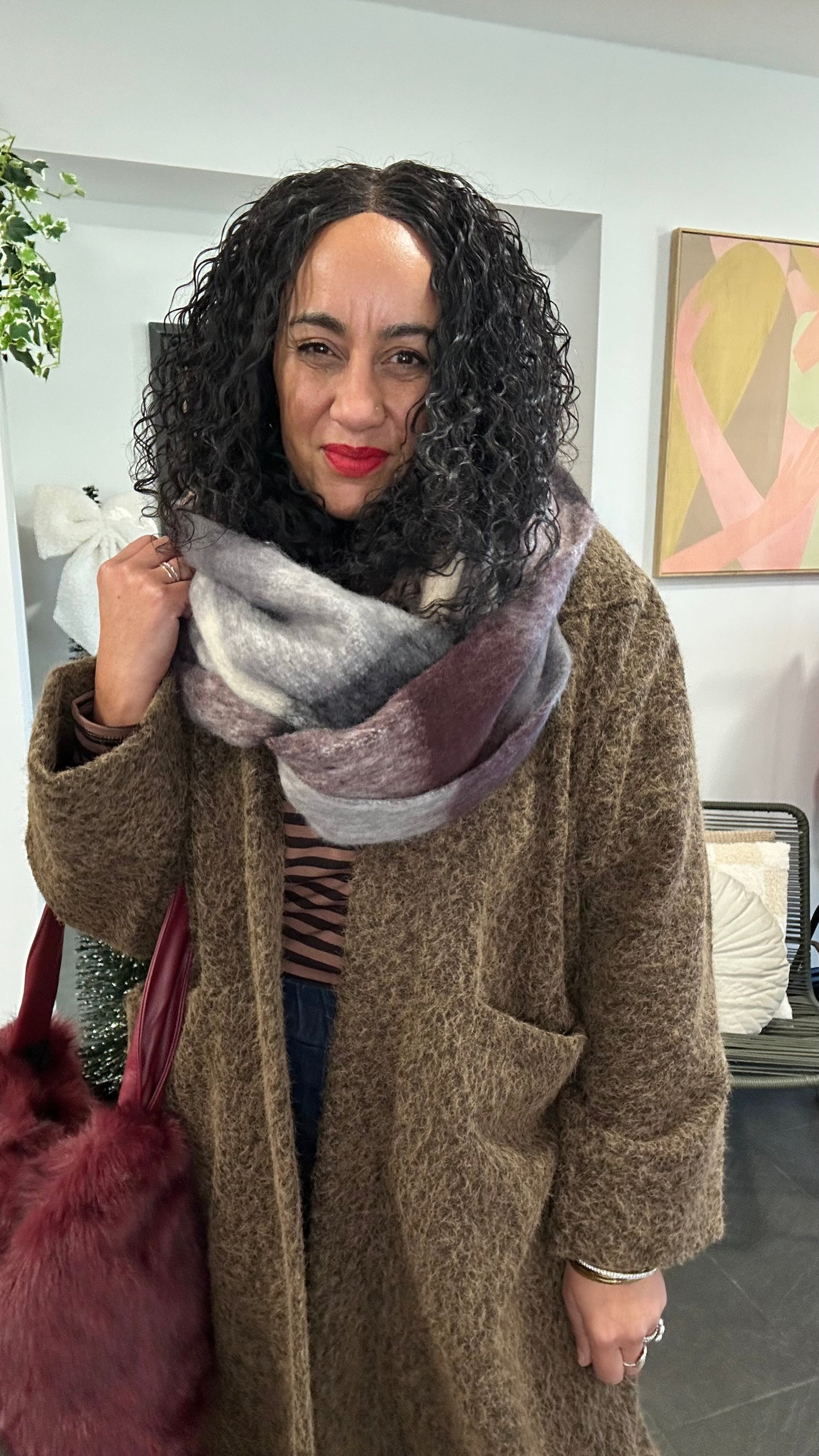 PLAID CHECK BLANKET SCARF PLUM *New