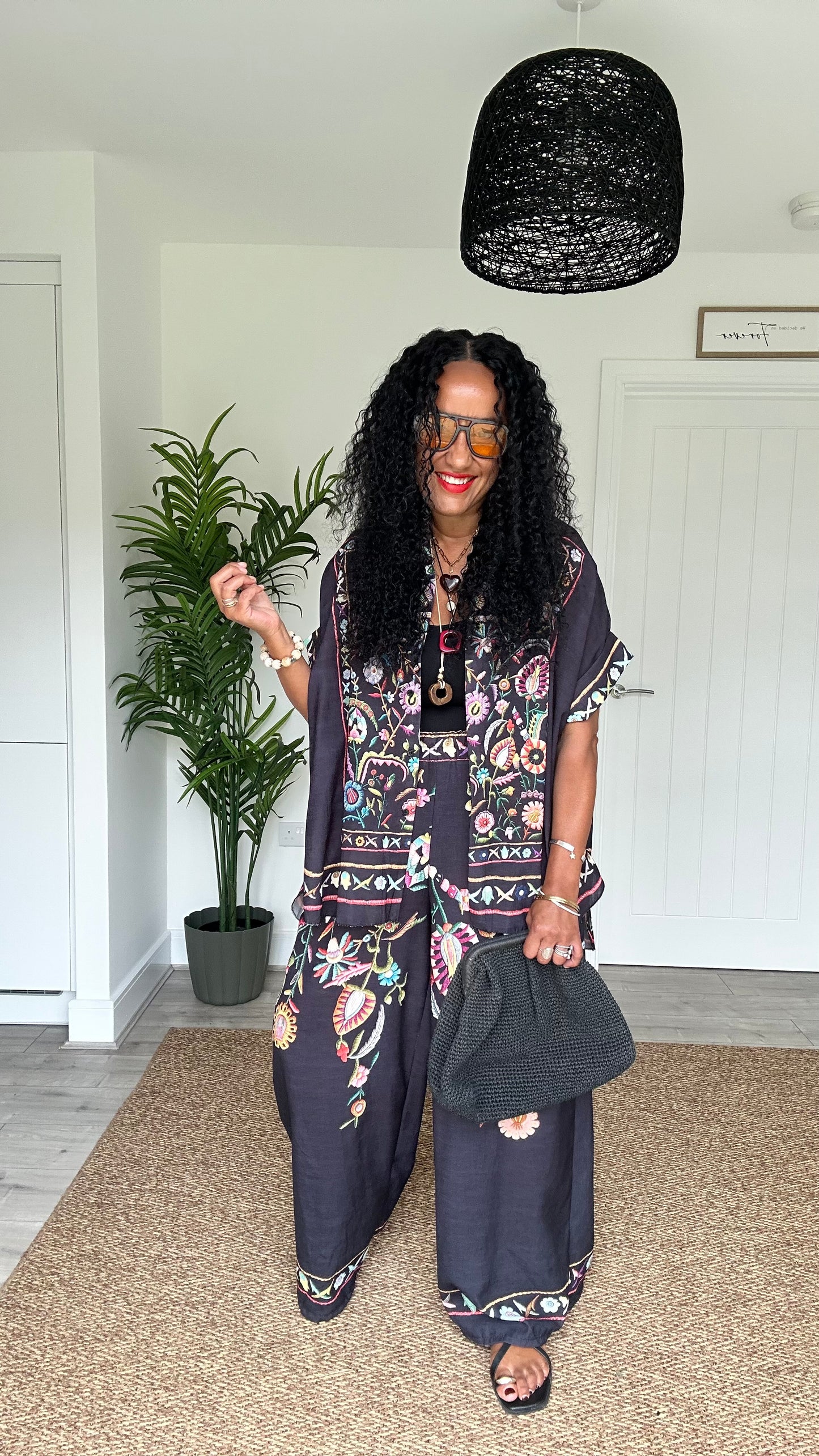 CLEO EMBROIDERED BOHO WIDE LEG TROUSERS BLACK *New