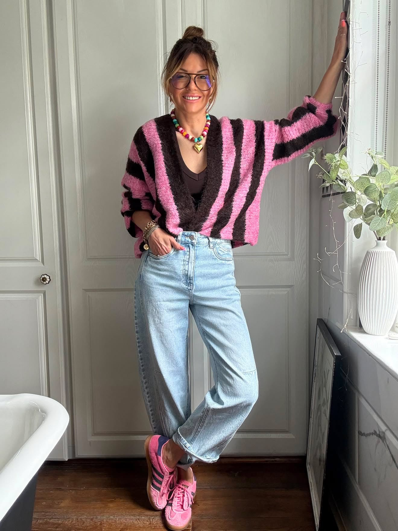 VESA STRIPE CARDIGAN PINK & BROWN *New