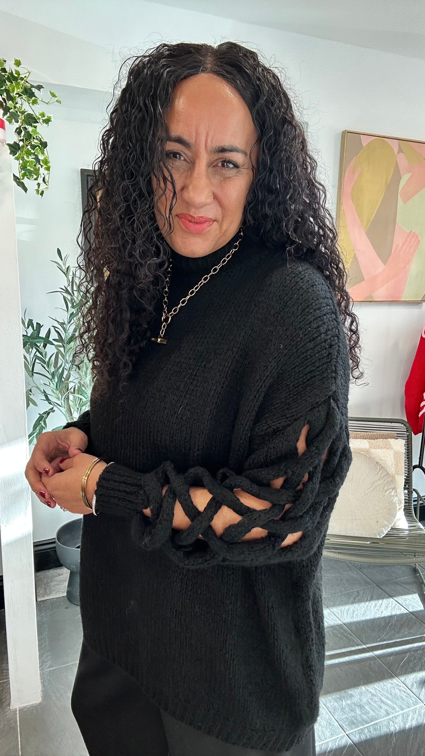 CUT OUT BALLOON SLEEVED OVERSIZED JUMPER CLASSIC BLACK *New