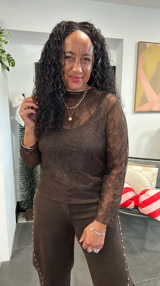 PAULETTE LACE LONG SLEEVED TOP DEEP BROWN *New