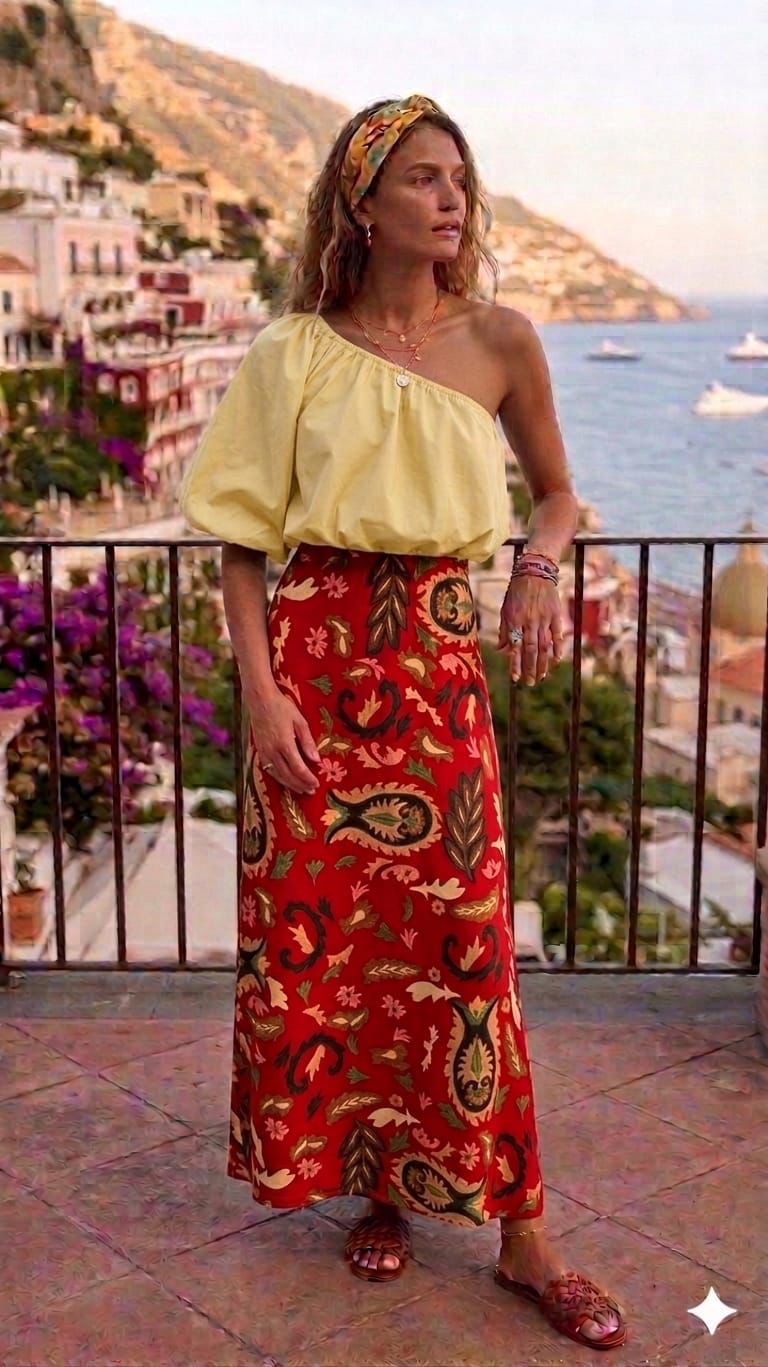 AMALFI COAST ONE SHOULDER SET SUNSET RED & YELLOW  *New