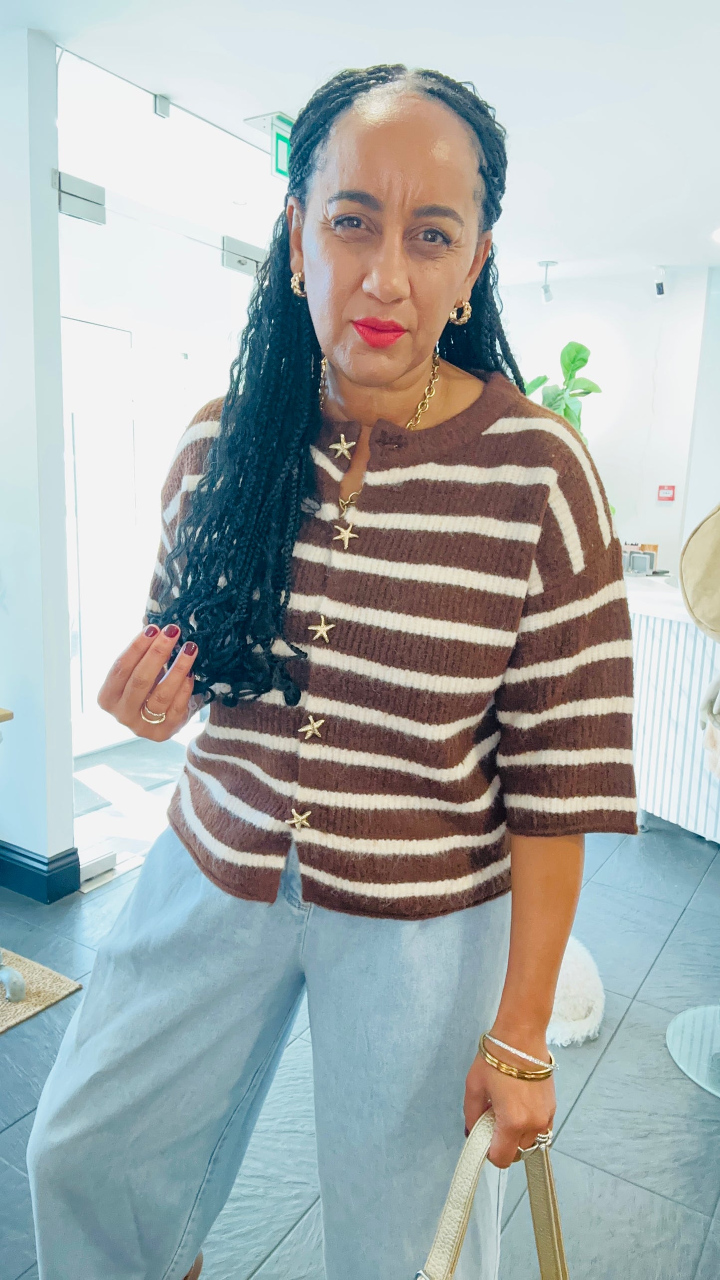 BRETON STRIPE CARDIGAN CREAM & CHOCOLATE BROWN *New