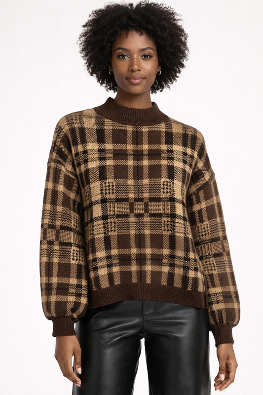SALE TESS PLAID KNIT SWEATER COFFEE BROWN