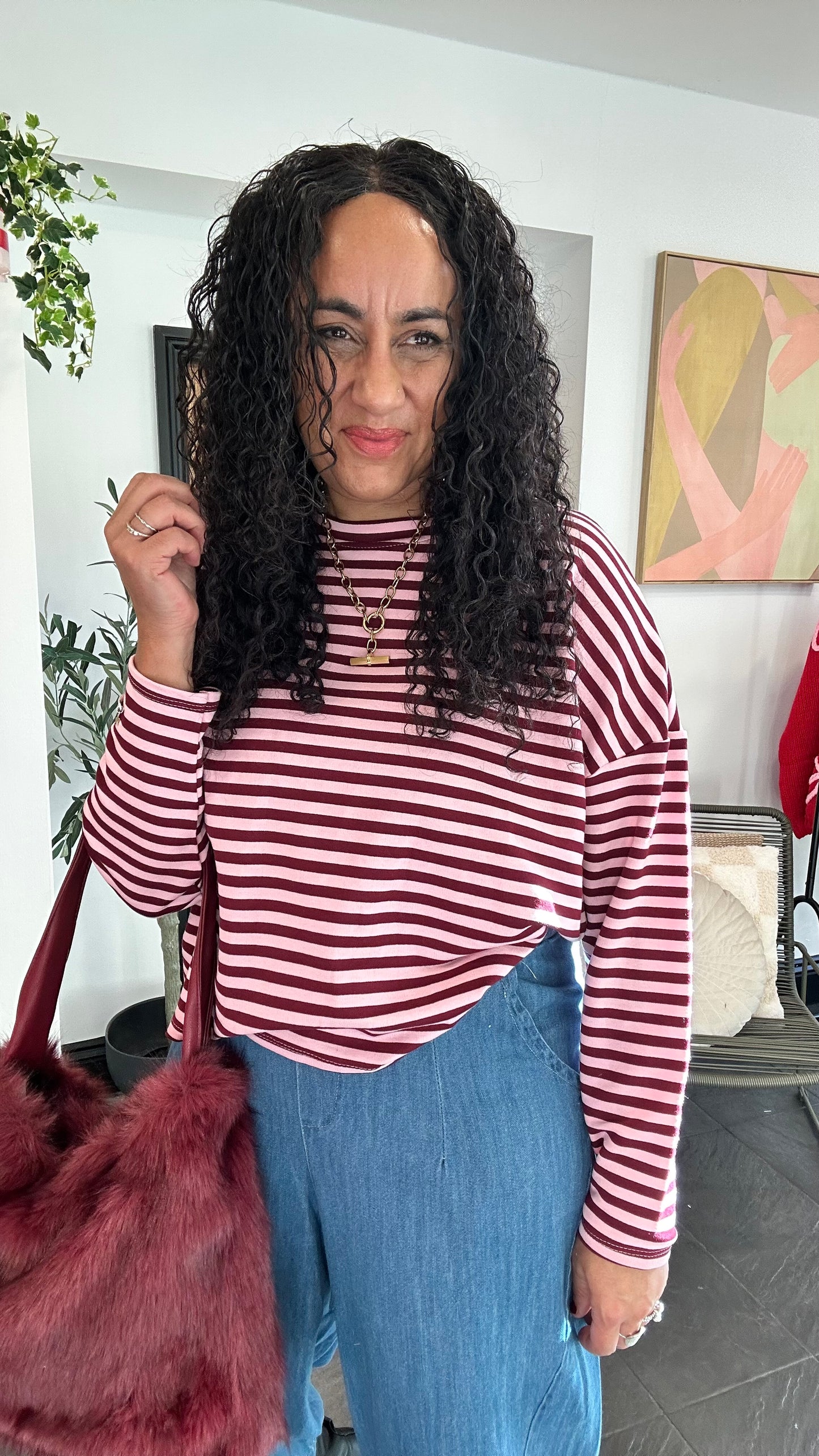 STRIPE LONG SLEEVED JERSEY TOP BURGUNDY & PINK *New