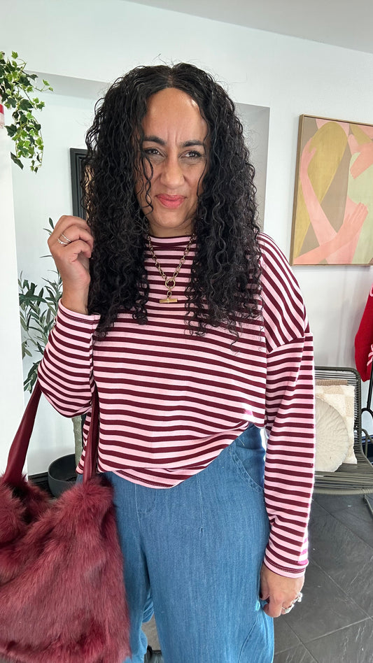 STRIPE LONG SLEEVED JERSEY TOP BURGUNDY & PINK *New