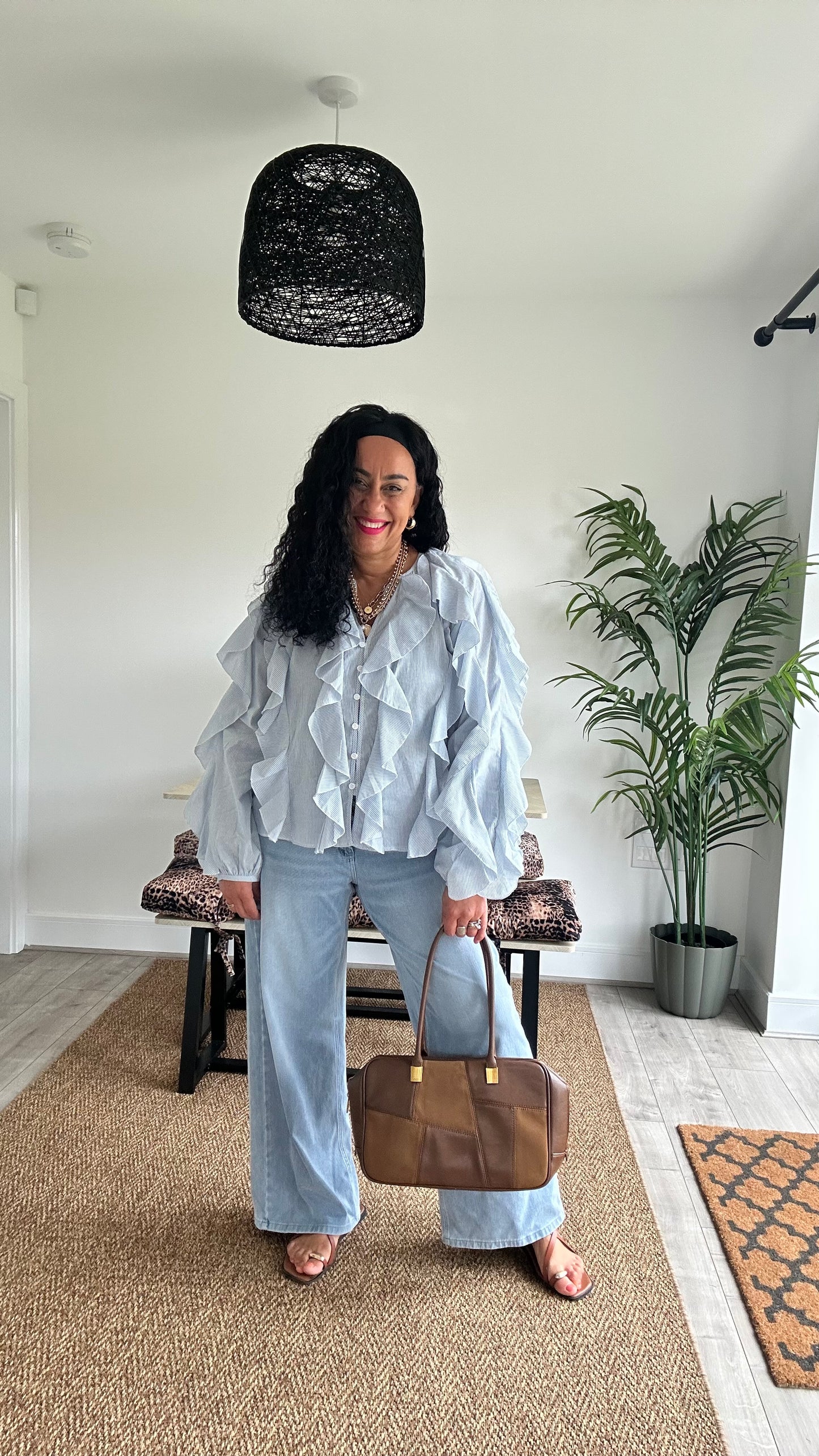 RUFFLED STRIPE STATEMENT BLOUSE BLUE *New