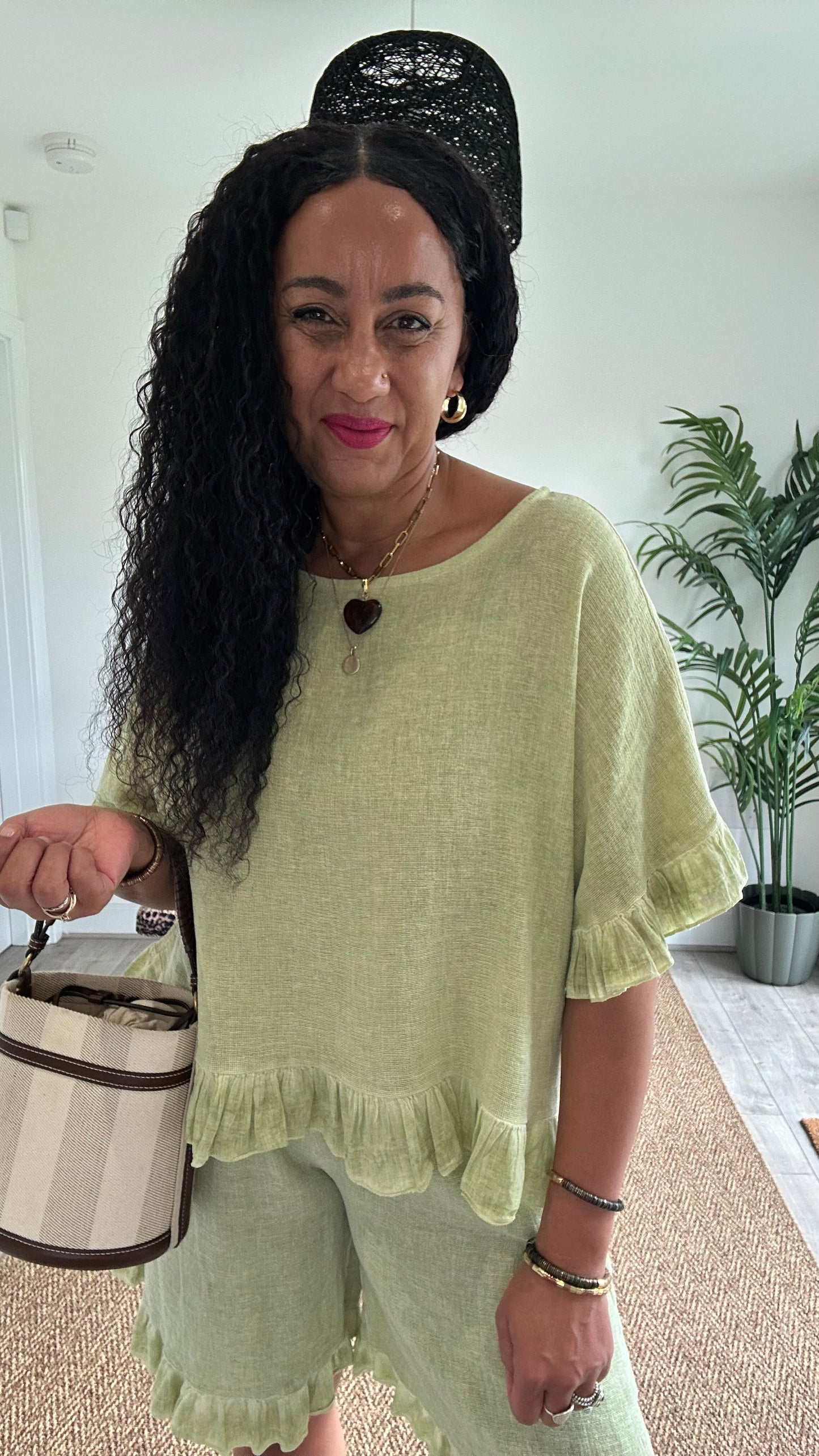 DERBY LINEN BLEND FRILL TOP LIME *New