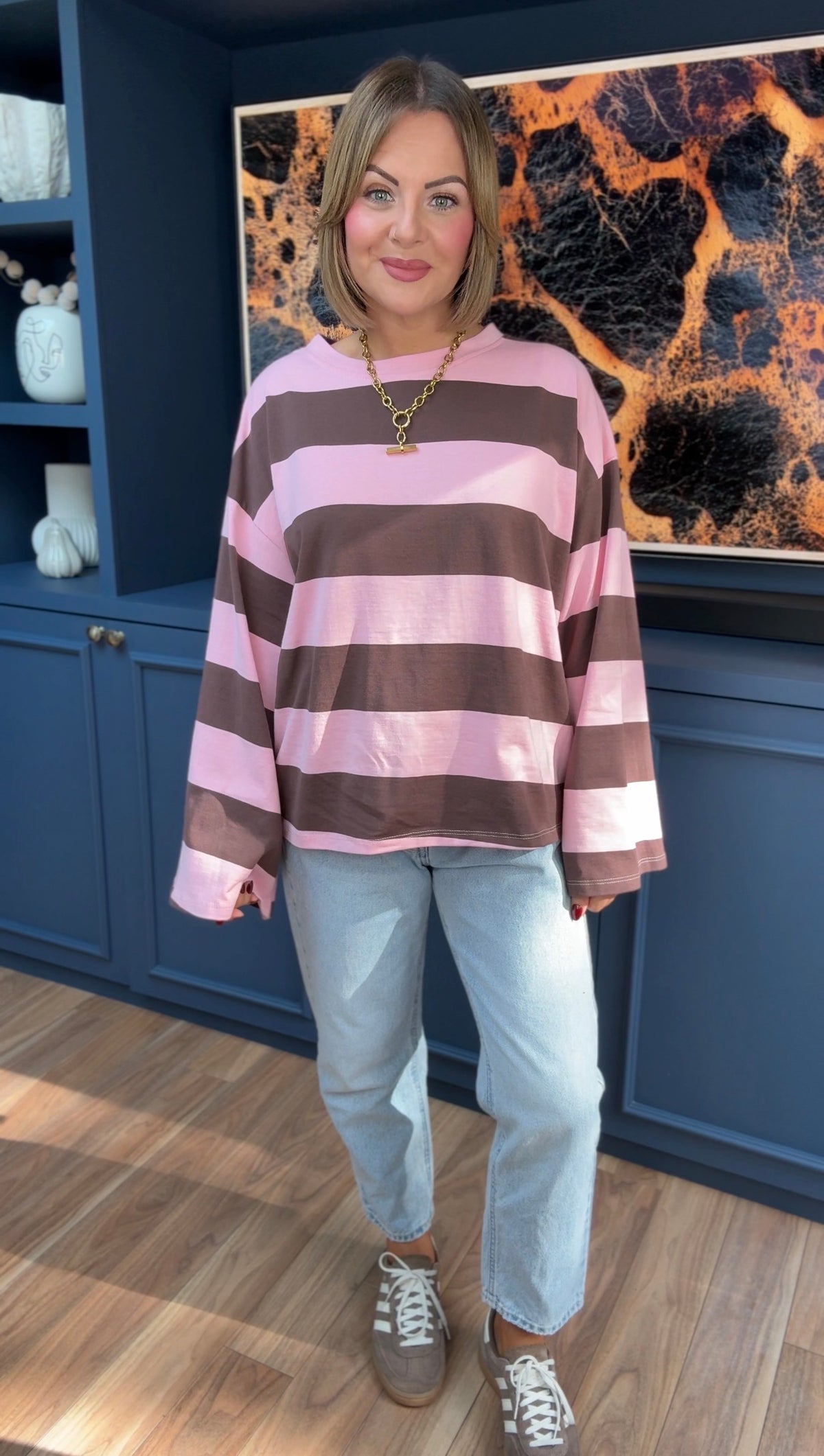 JERVIS WIDE STRIPE COTTON TOP PINK & BROWN *New