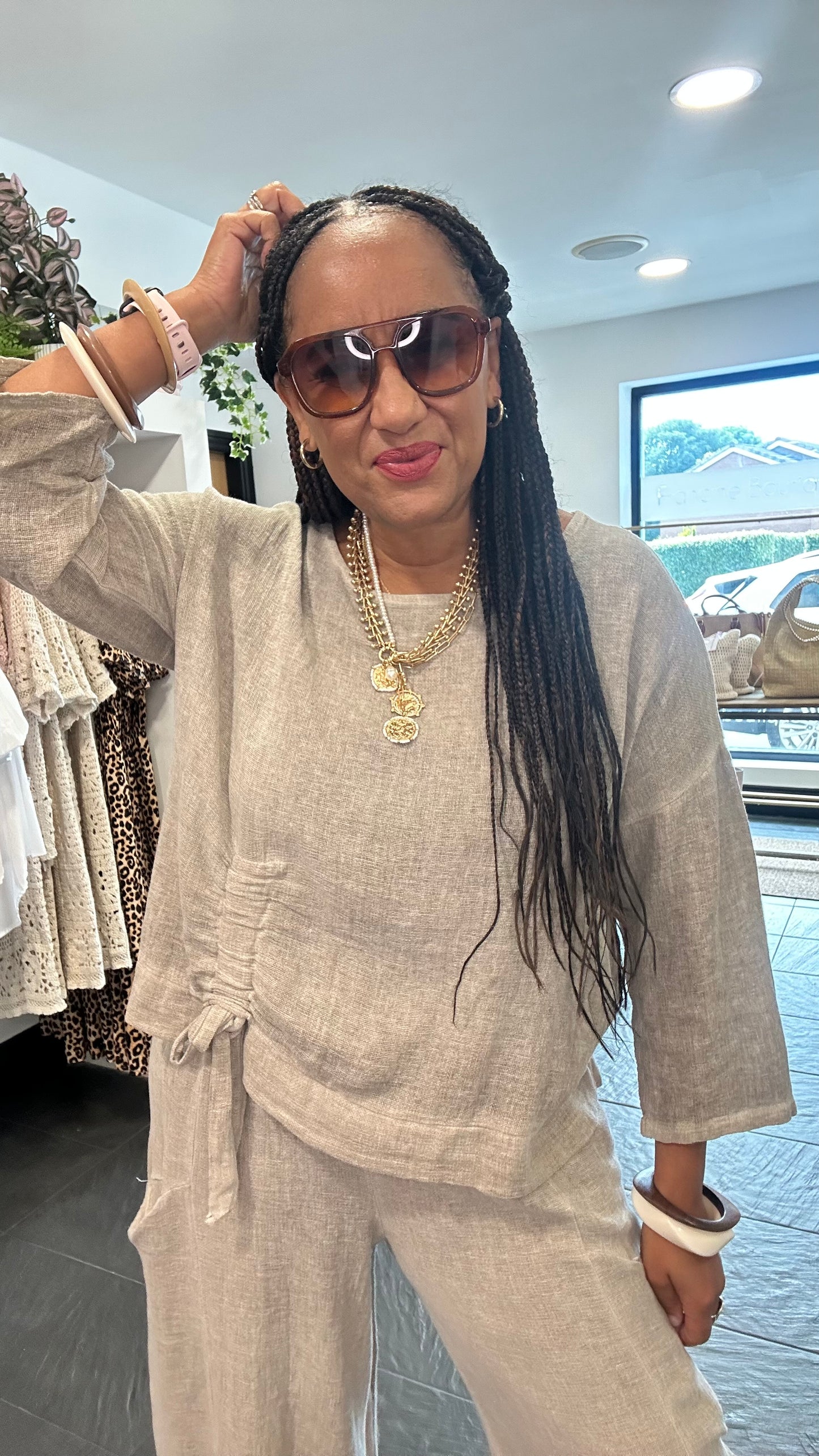 DERBY LINEN OVERSIZED BOXY TOP BROWN