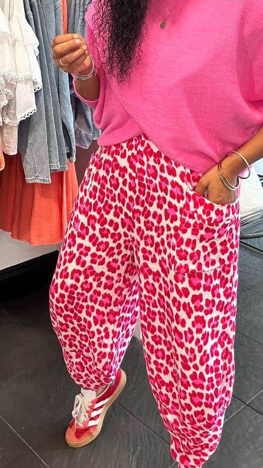 FRUITELLA LUXE LEOPARD BARREL LEG TROUSERS RED & PINK LEOPARD *New