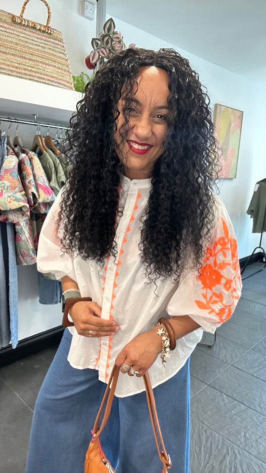 NEON ORANGE 🍊 BOHO BLOUSE WHITE  *New