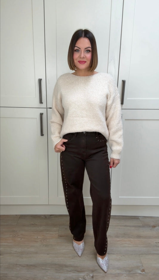 CHANNEL HIGH WAISTED STUD JEANS BROWN *New