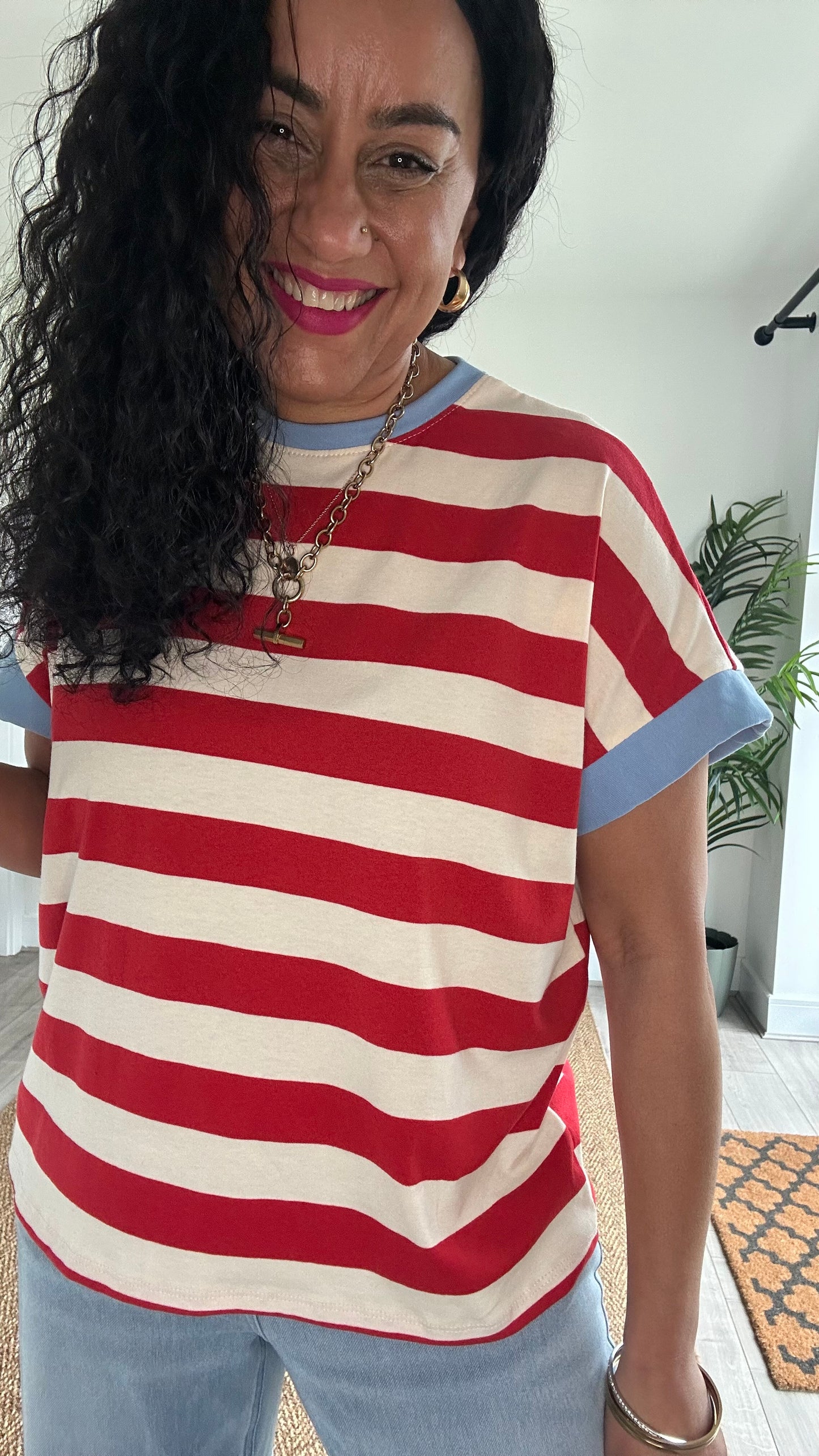 BOLD CONTRAST STRIPE T SHIRT RED & BLUE *New