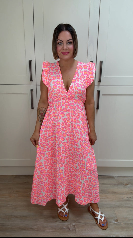 LEOPARD PRINT FRILL SLEEVED MIDI DRESS NEON ORANGE *New