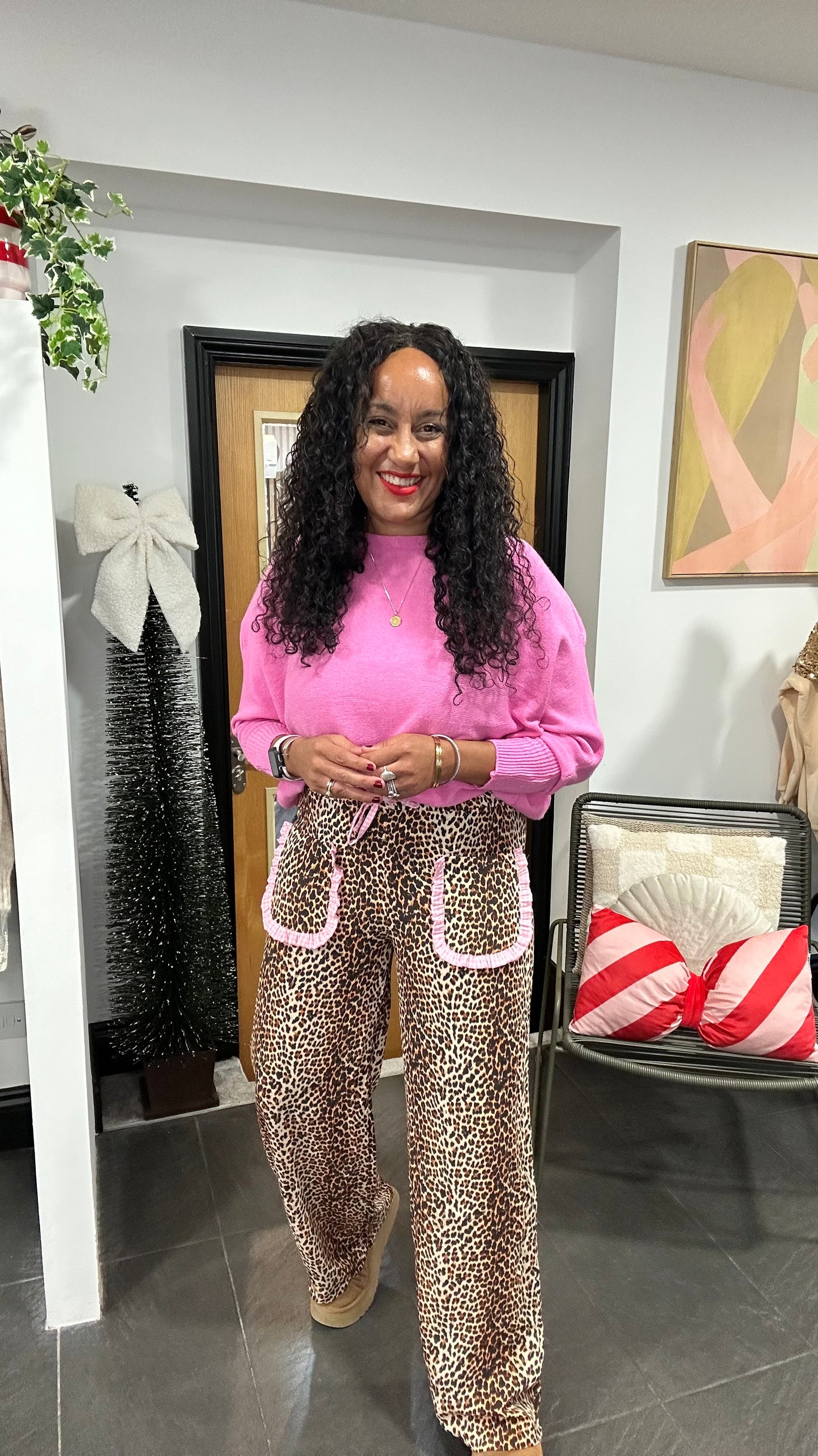 DAISY LEOPARD PRINT WIDE LEG TROUSERS WITH PINK CONTRAST *New