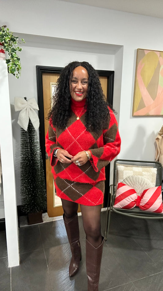 SALE LUNA ARGLE KNIT JUMPER & SKIRT SET RED & DEEP BROWN
