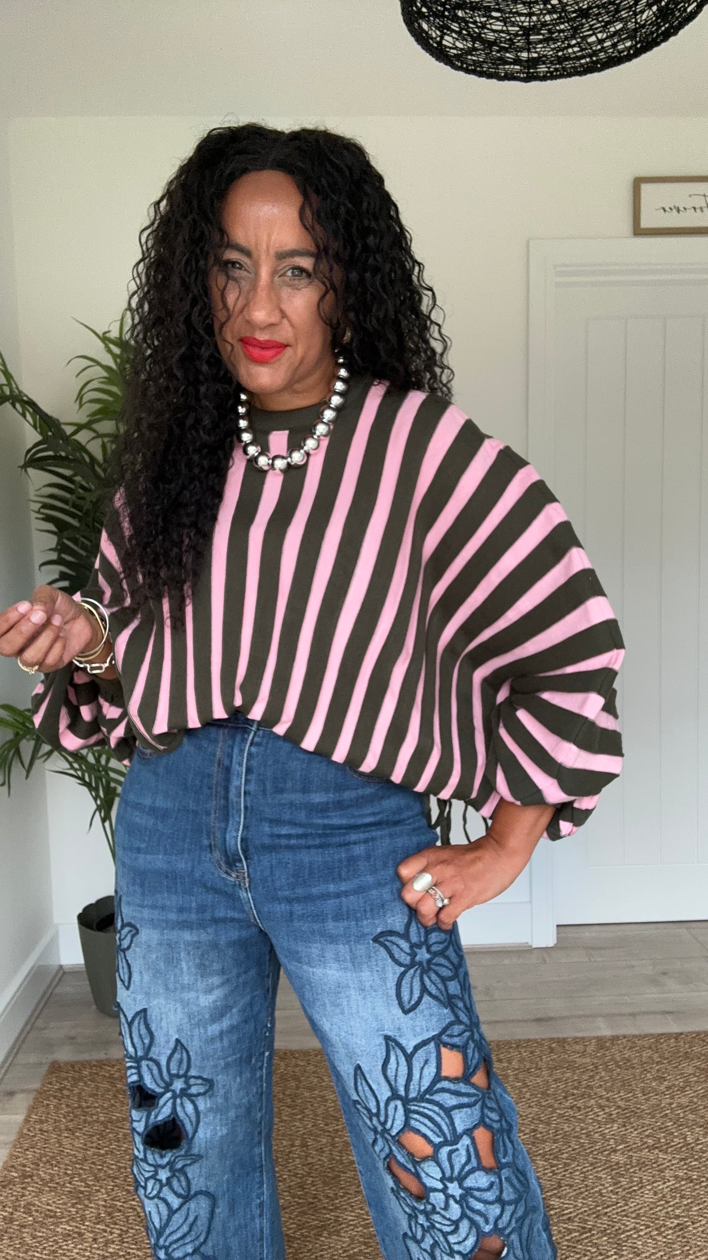 NINA STRIPE OVERSIZED TOP PINK & GREEN