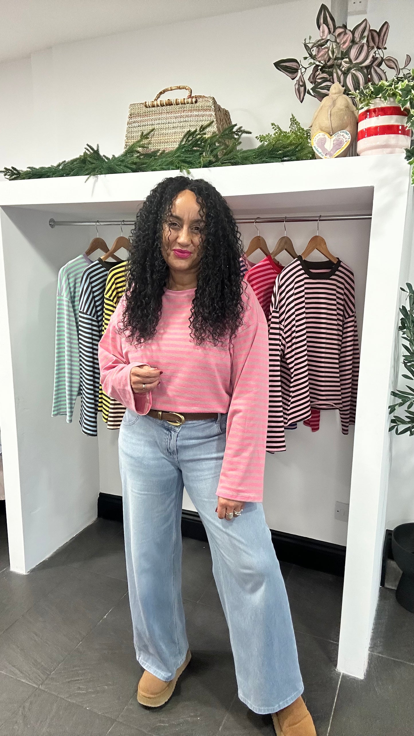 BELLE STRIPE TOP WITH WIDE SLEEVES PINK & GREY  *New