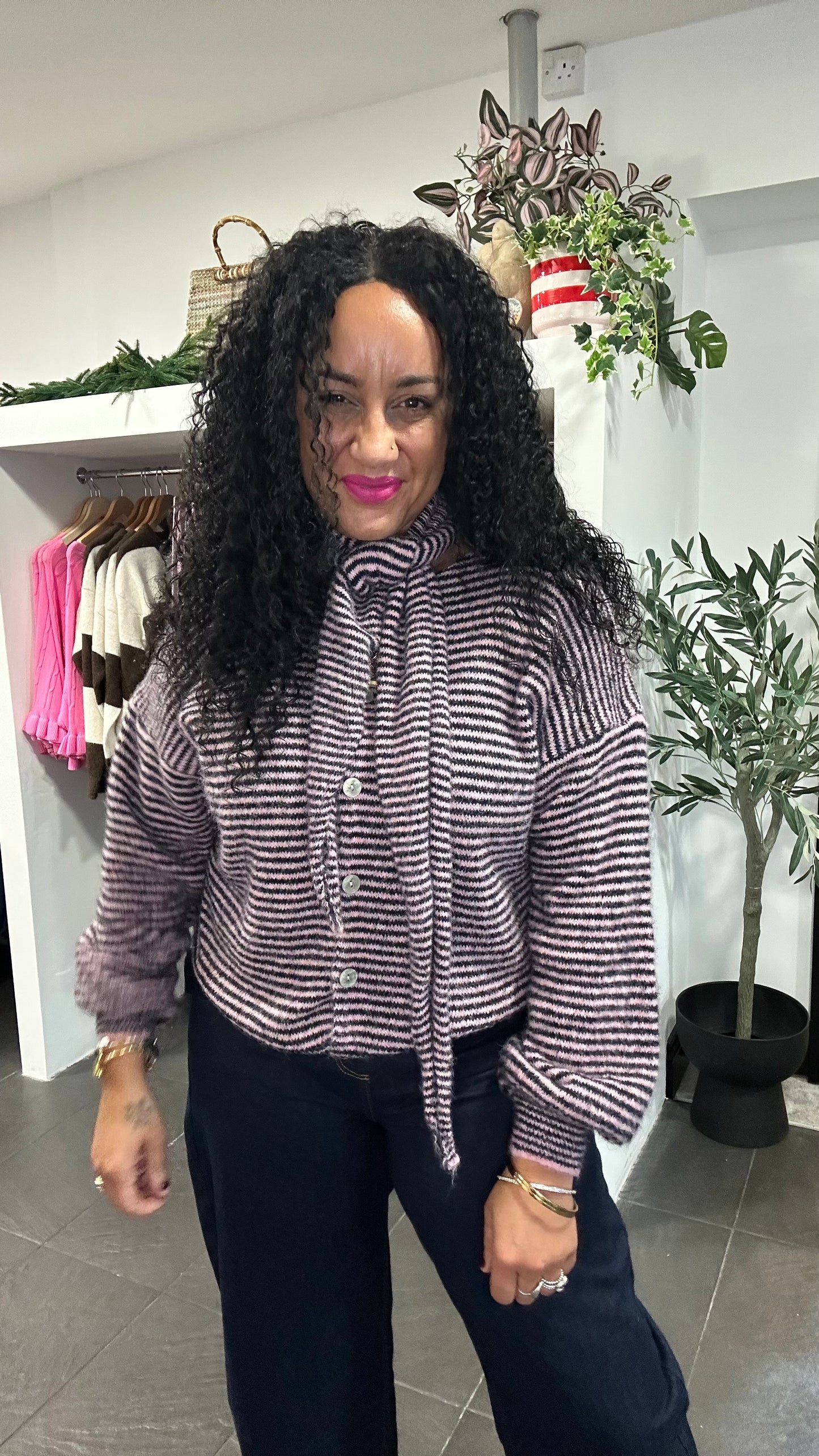 RACHEAL STRIPE KNIT BUTTON CARDIGAN WITH SCARF PURPLE *New