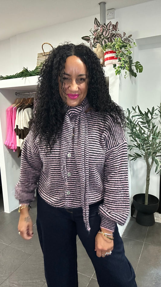 RACHEAL STRIPE KNIT BUTTON CARDIGAN WITH SCARF PURPLE *New