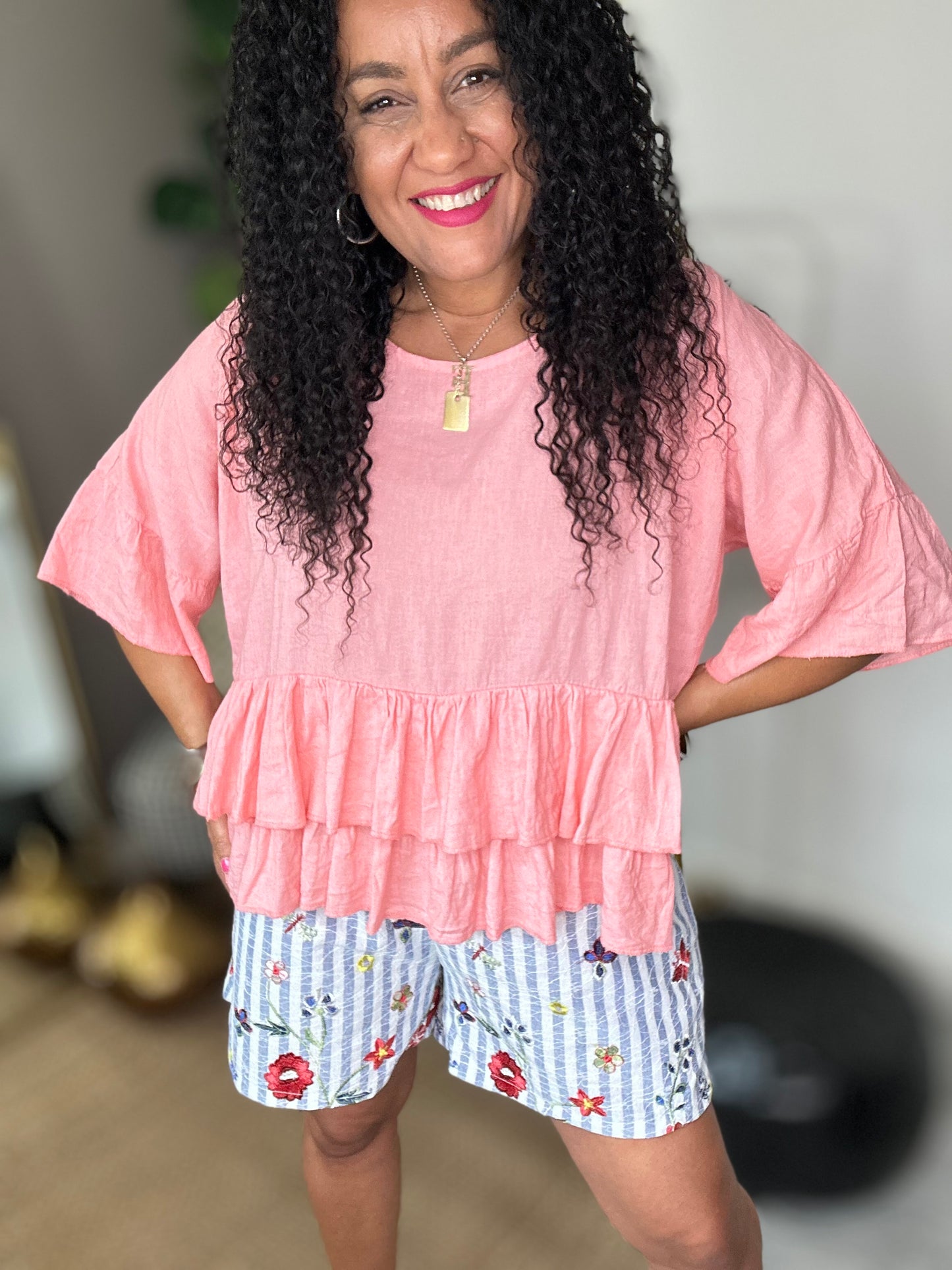 SALE LINEN CORAL FRILL SLEEVED BLOUSE  TOP