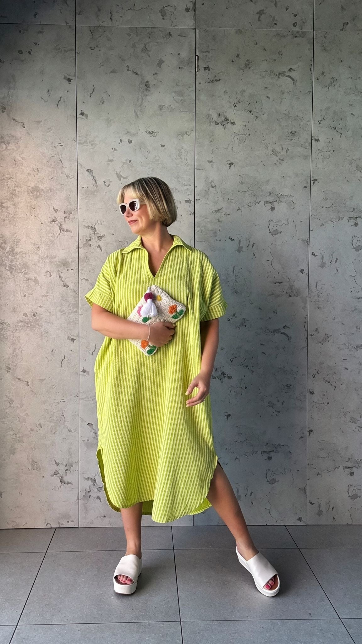 SALE TAYO STRIPED TUNIC DRESS LIME GREEN