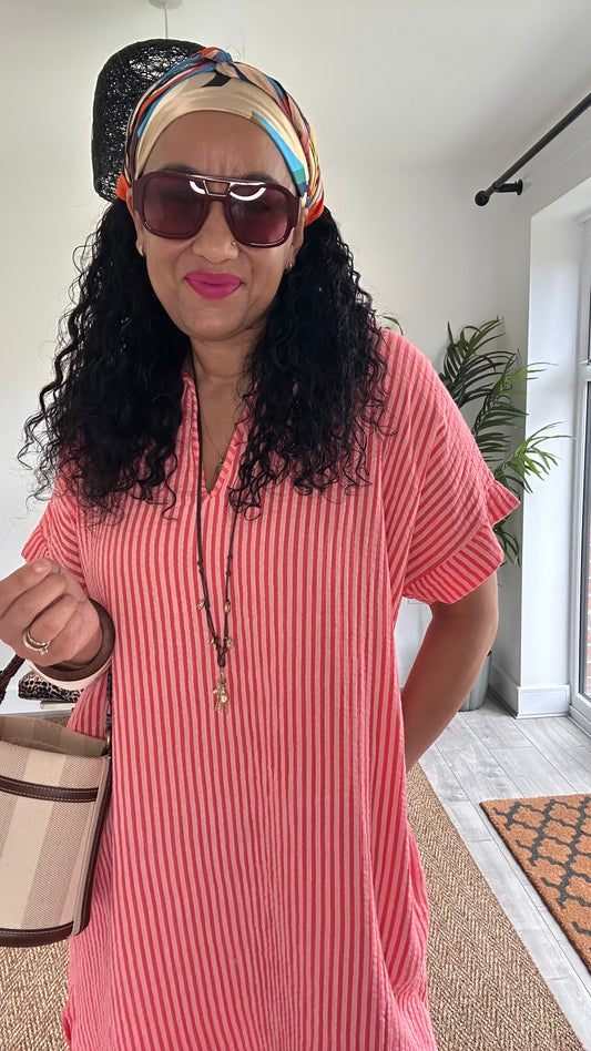 PRE ORDER TAYO STRIPED TUNIC SHIRT DRESS CORAL *New