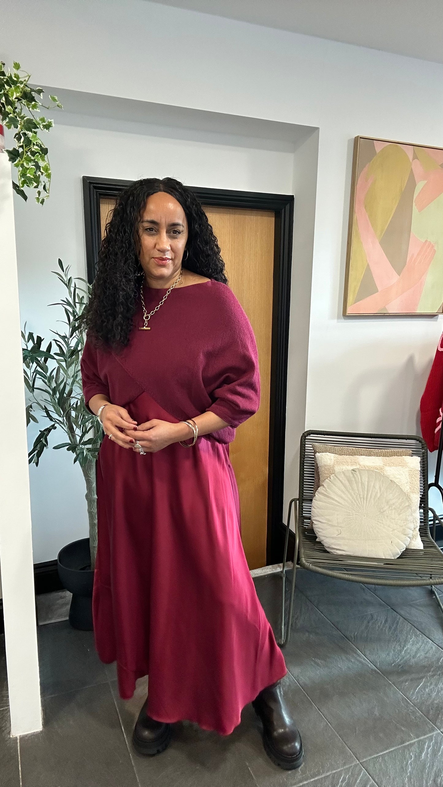 MABLE OPEN KNIT AND SATIN MAXI DRESS BURGUNDY *New